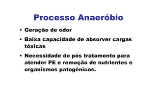 Processo Anaeróbio
• Geração de odor
• Baixa capacidade de absorver cargas
tóxicas
• Necessidade de pós tratamento para
atender PE e remoção de nutrientes e
organismos patogênicos.
 