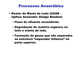 Processos Anaeróbios
• Reator de Manta de Lodo (UASB –
Upflow Anaerobic Sludge Blanket)
– Fluxo do efluente ascendente.
– Degradação de matéria orgânica no
leito e manta de lodo.
– Formação de gases que são separados
na estrutura “separador trifásico” na
parte superior.
 
