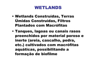 WETLANDS
• Wetlands Construídas, Terras
Úmidas Construídas, Filtros
Plantados com Macrófitas
• Tanques, lagoas ou canais rasos
preenchidos por material poroso e
inerte (areia, cascalho, pedra,
etc.) cultivados com macrófitas
aquáticas, possibilitando a
formação de biofilme
 