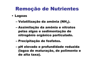 Remoção de Nutrientes
• Lagoas
– Volatilização da amônia (NH3).
– Assimilação da amônia e nitratos
pelas algas e sedimentação de
nitrogênio orgânico particulado.
– Precipitação de fosfatos.
– pH elevado e profundidade reduzida
(lagoa de maturação, de polimento e
de alta taxa).
 