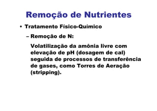 Remoção de Nutrientes
• Tratamento Físico-Químico
– Remoção de N:
Volatilização da amônia livre com
elevação de pH (dosagem de cal)
seguida de processos de transferência
de gases, como Torres de Aeração
(stripping).
 