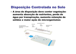 – A área de disposição deve conter vegetação:
aumenta absorção de nutrientes, perda de
água por transpiração, aumenta retenção de
sólidos e maior ação de microrganismos
Disposição Controlada no Solo
 