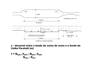 z – desnível entre o fundo da caixa de areia e o fundo da
Calha Parshall (m)
z = Qmáx . hmín – Qmín . hmáx
Qmáx - Qmín
45° 45°
1,50m
11,50m
PLANTA
0,25m Z = 10cm
DEPÓSITO DE AREIA PARSHALL
W = 9"
11,50m
CORTE LONGITUDINAL
PARSHALL W = 9"
YMAX. = 0,460M
 