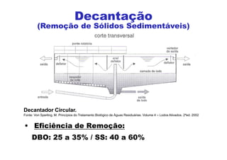 • Eficiência de Remoção:
DBO: 25 a 35% / SS: 40 a 60%
Decantação
(Remoção de Sólidos Sedimentáveis)
Decantador Circular.
Fonte: Von Sperling, M. Princípios do Tratamento Biológico de Águas Residuárias. Volume 4 – Lodos Ativados. 2ªed. 2002
 