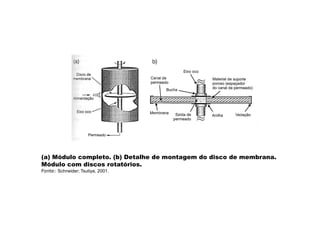 (a) Módulo completo. (b) Detalhe de montagem do disco de membrana.
Módulo com discos rotatórios.
Fonte: Schneider; Tsutiya, 2001.
 