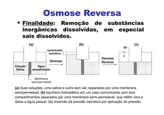 • Finalidade: Remoção de substâncias
inorgânicas dissolvidas, em especial
sais dissolvidos.
Osmose Reversa
(b)
Osmose
Água
dessalinizada
Solução
Salina
Membrana
semi-permeável
∆
∆
∆
∆p=pressão
osmótica
Osmose
Reversa
∆
∆
∆
∆p
(a) (c)
(a) duas soluções, uma salina e outra sem sal, separadas por uma membrana
semipermeável; (b) equilíbrio hidrostático em um vaso comunicante com dois
compartimentos separados por uma membrana semi-permeável, que retém íons e
deixa a água passar; (c) reversão da pressão osmótica por aplicação de pressão.
 