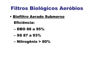 Filtros Biológicos Aeróbios
• Biofiltro Aerado Submerso
Eficiência:
– DBO 88 a 95%
– SS 87 a 93%
– Nitrogênio > 80%
 