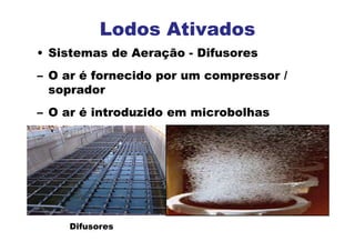 • Sistemas de Aeração - Difusores
– O ar é fornecido por um compressor /
soprador
– O ar é introduzido em microbolhas
Lodos Ativados
Difusores
 