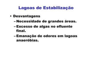 • Desvantagens
– Necessidade de grandes áreas.
– Excesso de algas no efluente
final.
– Emanação de odores em lagoas
anaeróbias.
Lagoas de Estabilização
 