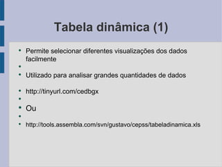 Tabela dinâmica (1) Permite selecionar diferentes visualizações dos dados facilmente Utilizado para analisar grandes quantidades de dados http://tinyurl.com/cedbgx Ou http://tools.assembla.com/svn/gustavo/cepss/tabeladinamica.xls 