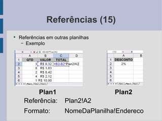 Referências (15) Referências em outras planilhas Exemplo Plan1 Plan2 Referência:  Plan2!A2 Formato:  NomeDaPlanilha!Endereco 