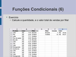 Funções Condicionais (6) Exercício Calcule a quantidade, e o valor total de vendas por filial 