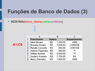 Funções de Banco de Dados (3) BDSOMA( banco_dados ; campo ; critérios ) A1:C8 