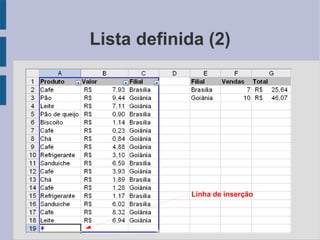 Lista definida (2) Linha de inserção 