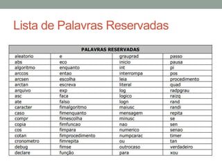Lista de Palavras Reservadas
 