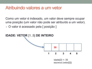Comando de Seleção Múltipla
Sintaxe:
escolha (<variável>)
caso <valor11>, <valor12>,..., <valorn>
<sequencia de comandos1>
caso <valor21>, <valor22>,..., <valorn>
<sequencia de comandos2>
outrocaso
<sequencia de comandos extra>
fimescolha
 