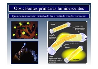 Obs.: Fontes primárias luminescentes
Quimiluminescência: emissão de luz a partir de reações químicas.
 