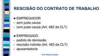  EMPREGADOR
• sem justa causa
• com justa causa (Art. 482 da CLT)
 EMPREGADO
• pedido de demissão
• rescisão indireta (Art. 483 da CLT)
• aposentadoria
Prof. Eliseu Fortolan
RESCISÃO DO CONTRATO DE TRABALHO
 