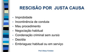 RESCISÃO POR JUSTA CAUSA
• Improbidade
• Incontinência de conduta
• Mau procedimento
• Negociação habitual
• Condenação criminal sem sursis
• Desídia
• Embriaguez habitual ou em serviço
Prof. Eliseu Fortolan
 