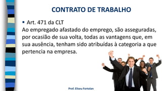 Prof. Eliseu Fortolan
 Art. 471 da CLT
Ao empregado afastado do emprego, são asseguradas,
por ocasião de sua volta, todas as vantagens que, em
sua ausência, tenham sido atribuídas à categoria a que
pertencia na empresa.
CONTRATO DE TRABALHO
 