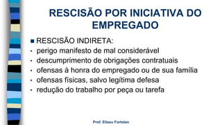 RESCISÃO POR INICIATIVA DO
EMPREGADO
 RESCISÃO INDIRETA:
• perigo manifesto de mal considerável
• descumprimento de obrigações contratuais
• ofensas à honra do empregado ou de sua família
• ofensas físicas, salvo legítima defesa
• redução do trabalho por peça ou tarefa
Prof. Eliseu Fortolan
 