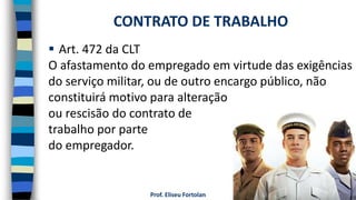 Prof. Eliseu Fortolan
 Art. 472 da CLT
O afastamento do empregado em virtude das exigências
do serviço militar, ou de outro encargo público, não
constituirá motivo para alteração
ou rescisão do contrato de
trabalho por parte
do empregador.
CONTRATO DE TRABALHO
 