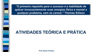 “O primeiro requisito para o sucesso é a habilidade de
aplicar incessantemente suas energias física e mental a
qualquer problema, sem se cansar.” Thomas Edison
ATIVIDADES TEÓRICA E PRÁTICA
Prof. Eliseu Fortolan
 