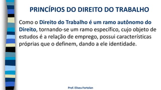 Prof. Eliseu Fortolan
Como o Direito do Trabalho é um ramo autônomo do
Direito, tornando-se um ramo específico, cujo objeto de
estudos é a relação de emprego, possui características
próprias que o definem, dando a ele identidade.
PRINCÍPIOS DO DIREITO DO TRABALHO
 