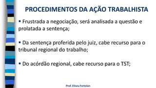 Prof. Eliseu Fortolan
 Frustrada a negociação, será analisada a questão e
prolatada a sentença;
 Da sentença proferida pelo juiz, cabe recurso para o
tribunal regional do trabalho;
 Do acórdão regional, cabe recurso para o TST;
PROCEDIMENTOS DA AÇÃO TRABALHISTA
 