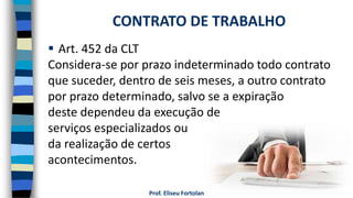 Prof. Eliseu Fortolan
 Art. 452 da CLT
Considera-se por prazo indeterminado todo contrato
que suceder, dentro de seis meses, a outro contrato
por prazo determinado, salvo se a expiração
deste dependeu da execução de
serviços especializados ou
da realização de certos
acontecimentos.
CONTRATO DE TRABALHO
 