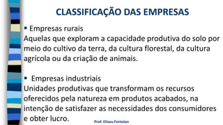Prof. Eliseu Fortolan
 Empresas rurais
Aquelas que exploram a capacidade produtiva do solo por
meio do cultivo da terra, da cultura florestal, da cultura
agrícola ou da criação de animais.
 Empresas industriais
Unidades produtivas que transformam os recursos
oferecidos pela natureza em produtos acabados, na
intenção de satisfazer as necessidades dos consumidores
e obter lucro.
CLASSIFICAÇÃO DAS EMPRESAS
 