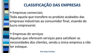 Prof. Eliseu Fortolan
 Empresas comerciais
Toda aquela que transfere os produto acabados das
empresas industriais ao consumidor final, visando do
lucro empresarial.
 Empresas de serviços
Aquelas que oferecem serviços para satisfazer as
necessidades dos clientes, sendo a única empresa a não
ter estoque.
CLASSIFICAÇÃO DAS EMPRESAS
 
