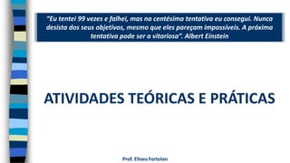 “Eu tentei 99 vezes e falhei, mas na centésima tentativa eu consegui. Nunca
desista dos seus objetivos, mesmo que eles pareçam impossíveis. A próxima
tentativa pode ser a vitoriosa”. Albert Einstein
Prof. Eliseu Fortolan
ATIVIDADES TEÓRICAS E PRÁTICAS
 