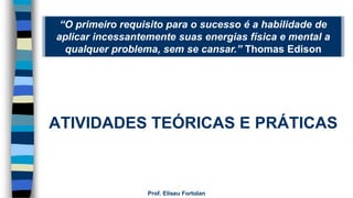 “O primeiro requisito para o sucesso é a habilidade de
aplicar incessantemente suas energias física e mental a
qualquer problema, sem se cansar.” Thomas Edison
ATIVIDADES TEÓRICAS E PRÁTICAS
Prof. Eliseu Fortolan
 