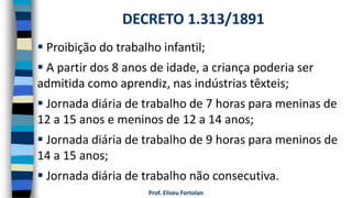Prof. Eliseu Fortolan
 Proibição do trabalho infantil;
 A partir dos 8 anos de idade, a criança poderia ser
admitida como aprendiz, nas indústrias têxteis;
 Jornada diária de trabalho de 7 horas para meninas de
12 a 15 anos e meninos de 12 a 14 anos;
 Jornada diária de trabalho de 9 horas para meninos de
14 a 15 anos;
 Jornada diária de trabalho não consecutiva.
DECRETO 1.313/1891
 