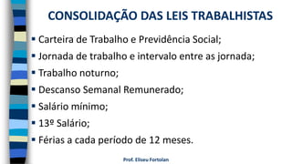 Prof. Eliseu Fortolan
 Carteira de Trabalho e Previdência Social;
 Jornada de trabalho e intervalo entre as jornada;
 Trabalho noturno;
 Descanso Semanal Remunerado;
 Salário mínimo;
 13º Salário;
 Férias a cada período de 12 meses.
CONSOLIDAÇÃO DAS LEIS TRABALHISTAS
 
