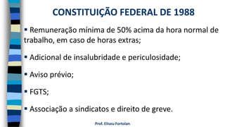 Prof. Eliseu Fortolan
 Remuneração mínima de 50% acima da hora normal de
trabalho, em caso de horas extras;
 Adicional de insalubridade e periculosidade;
 Aviso prévio;
 FGTS;
 Associação a sindicatos e direito de greve.
CONSTITUIÇÃO FEDERAL DE 1988
 