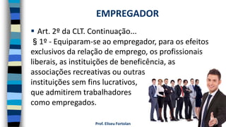 Prof. Eliseu Fortolan
 Art. 2º da CLT. Continuação...
§1º - Equiparam-se ao empregador, para os efeitos
exclusivos da relação de emprego, os profissionais
liberais, as instituições de beneficência, as
associações recreativas ou outras
instituições sem fins lucrativos,
que admitirem trabalhadores
como empregados.
EMPREGADOR
 