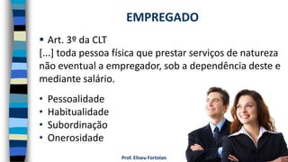 Prof. Eliseu Fortolan
 Art. 3º da CLT
[...] toda pessoa física que prestar serviços de natureza
não eventual a empregador, sob a dependência deste e
mediante salário.
• Pessoalidade
• Habitualidade
• Subordinação
• Onerosidade
EMPREGADO
 