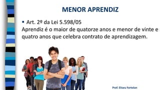 Prof. Eliseu Fortolan
 Art. 2º da Lei 5.598/05
Aprendiz é o maior de quatorze anos e menor de vinte e
quatro anos que celebra contrato de aprendizagem.
MENOR APRENDIZ
 