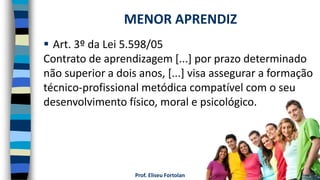 Prof. Eliseu Fortolan
 Art. 3º da Lei 5.598/05
Contrato de aprendizagem [...] por prazo determinado
não superior a dois anos, [...] visa assegurar a formação
técnico-profissional metódica compatível com o seu
desenvolvimento físico, moral e psicológico.
MENOR APRENDIZ
 