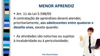 Prof. Eliseu Fortolan
 Art. 11 da Lei 5.598/05
A contratação de aprendizes deverá atender,
prioritariamente, aos adolescentes entre quatorze e
dezoito anos, exceto quando:
• As atividades são noturnas ou sujeitas
à insalubridade ou à periculosidade;
MENOR APRENDIZ
 