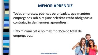 Prof. Eliseu Fortolan
Todas empresas, públicas ou privadas, que mantém
empregados sob o regime celetista estão obrigadas a
contratação de menores aprendizes.
• No mínimo 5% e no máximo 15% do total de
empregados.
MENOR APRENDIZ
 