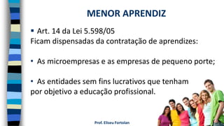 Prof. Eliseu Fortolan
 Art. 14 da Lei 5.598/05
Ficam dispensadas da contratação de aprendizes:
• As microempresas e as empresas de pequeno porte;
• As entidades sem fins lucrativos que tenham
por objetivo a educação profissional.
MENOR APRENDIZ
 