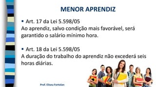 Prof. Eliseu Fortolan
 Art. 17 da Lei 5.598/05
Ao aprendiz, salvo condição mais favorável, será
garantido o salário mínimo hora.
 Art. 18 da Lei 5.598/05
A duração do trabalho do aprendiz não excederá seis
horas diárias.
MENOR APRENDIZ
 