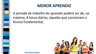Prof. Eliseu Fortolan
A jornada de trabalho do aprendiz poderá ser de, no
máximo, 8 horas diárias, àqueles que concluíram o
Ensino Fundamental.
MENOR APRENDIZ
 
