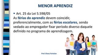 Prof. Eliseu Fortolan
 Art. 25 da Lei 5.598/05
As férias do aprendiz devem coincidir,
preferencialmente, com as férias escolares, sendo
vedado ao empregador fixar período diverso daquele
definido no programa de aprendizagem.
MENOR APRENDIZ
 