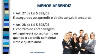 Prof. Eliseu Fortolan
 Art. 28 da Lei 5.598/05
O contrato de aprendizagem
extinguir-se-á no seu termo ou
quando o aprendiz completar
vinte e quatro anos.
MENOR APRENDIZ
 Art. 27 da Lei 5.598/05
É assegurado ao aprendiz o direito ao vale transporte.
 