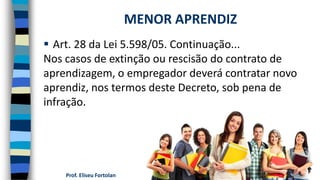 Prof. Eliseu Fortolan
 Art. 28 da Lei 5.598/05. Continuação...
Nos casos de extinção ou rescisão do contrato de
aprendizagem, o empregador deverá contratar novo
aprendiz, nos termos deste Decreto, sob pena de
infração.
MENOR APRENDIZ
 