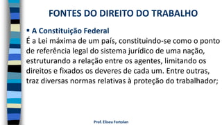 Prof. Eliseu Fortolan
 A Constituição Federal
É a Lei máxima de um país, constituindo-se como o ponto
de referência legal do sistema jurídico de uma nação,
estruturando a relação entre os agentes, limitando os
direitos e fixados os deveres de cada um. Entre outras,
traz diversas normas relativas à proteção do trabalhador;
FONTES DO DIREITO DO TRABALHO
 